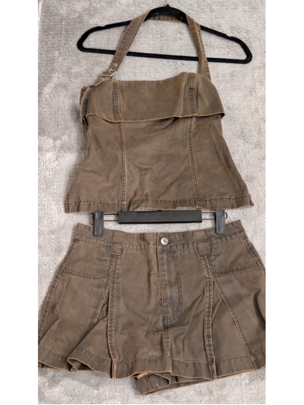 ZARA Washed Brown Denim Halter Top & Pleated Shorts 2 Piece Set S/M